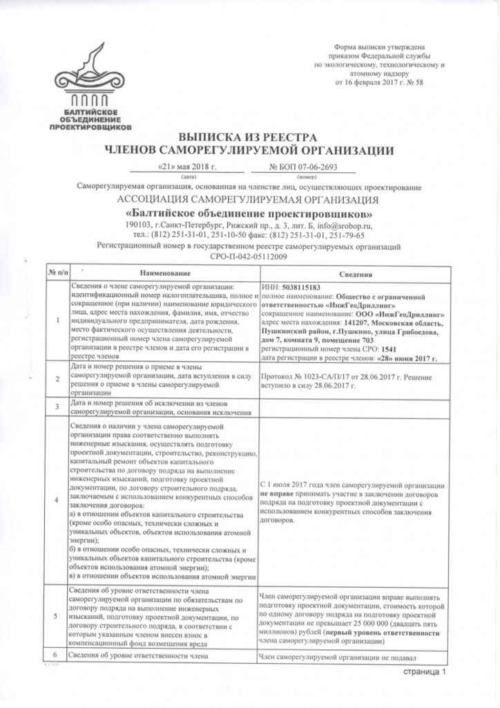 Свидетельство СРО на подготовку проектной документации — ООО ИнжГеоДриллинг